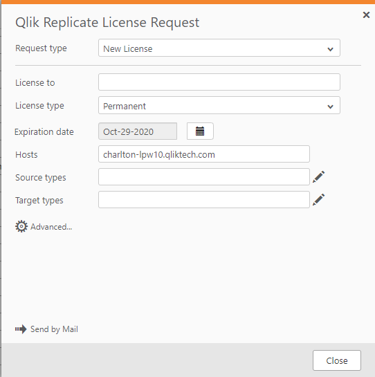The Qlik Replicate License Request dialog